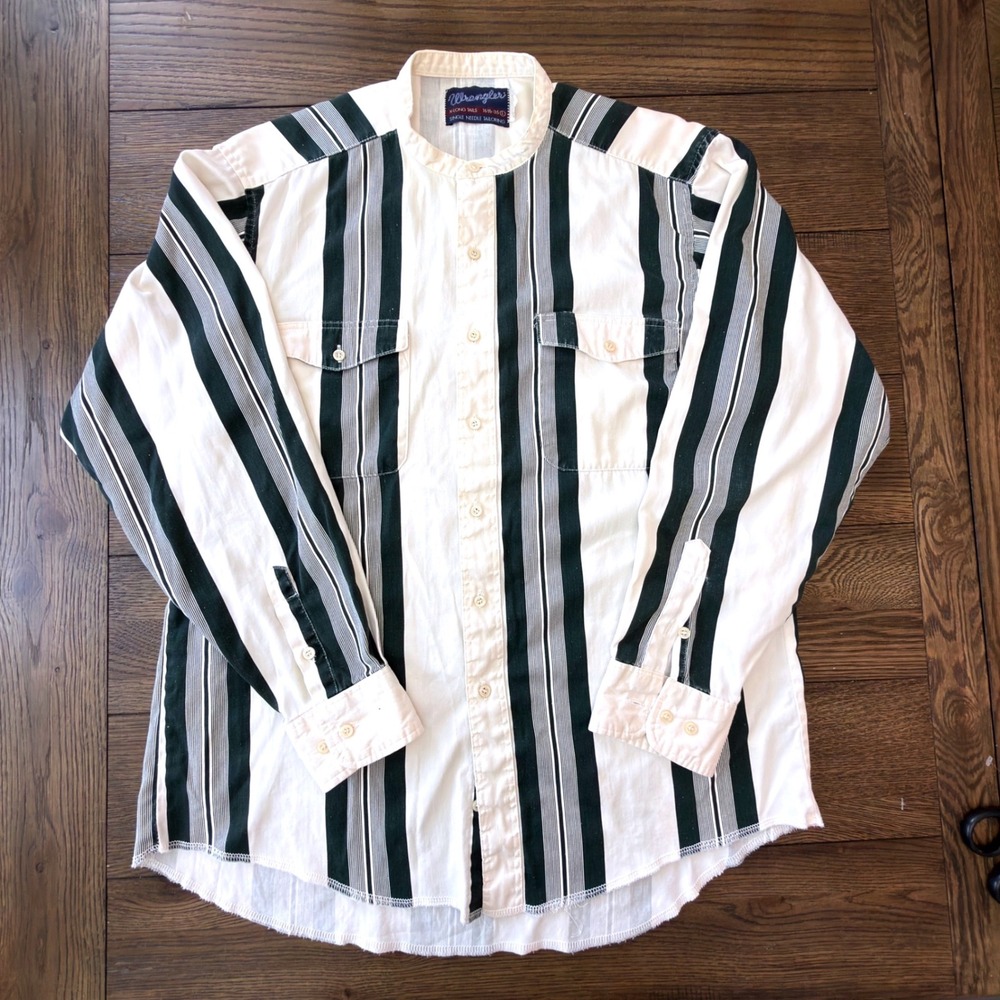 Rare Vintage 1980's Wrangler Mandarin Collar Striped Western Shirt Poplin